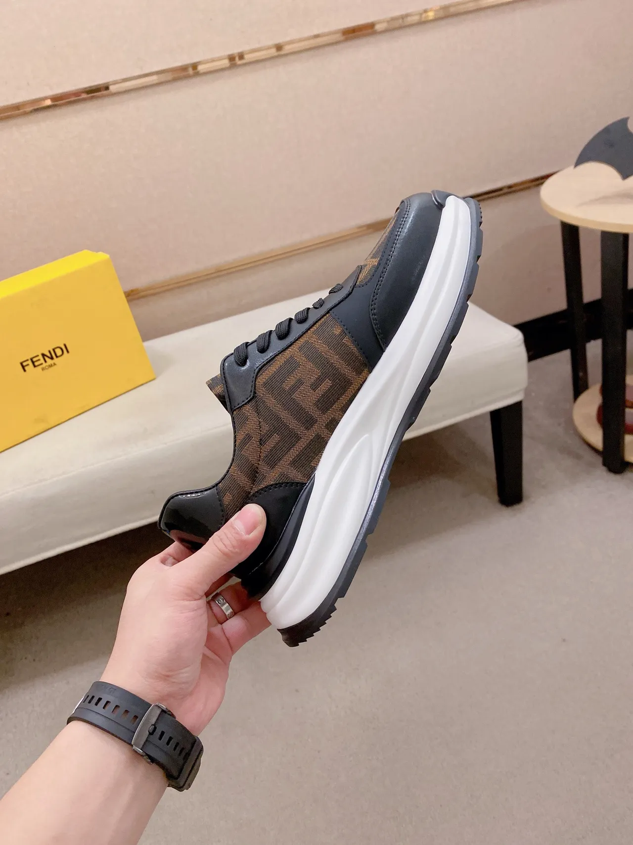 Fendi Black Brown Monogrammed Textile Leather Accents Chunky Sneakers 5