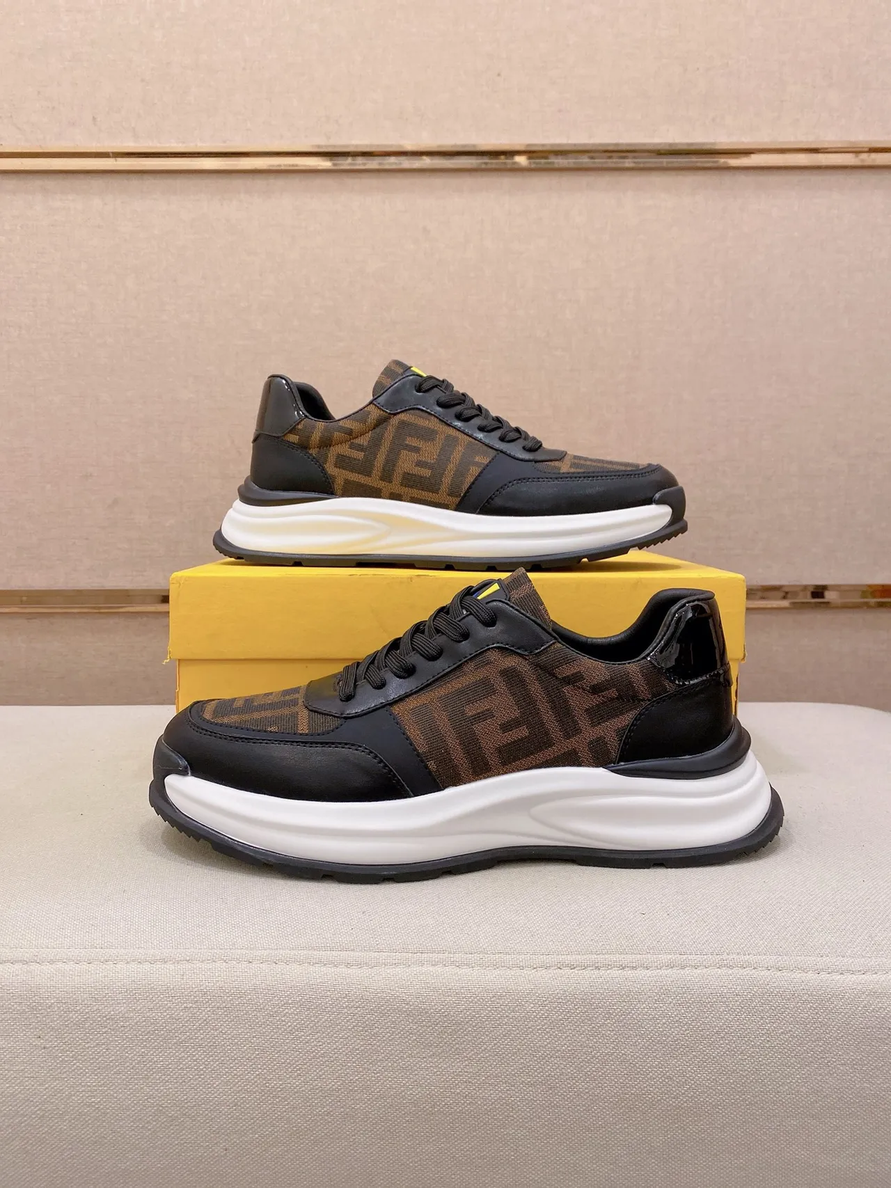 Fendi Black Brown Monogrammed Textile Leather Accents Chunky Sneakers 7