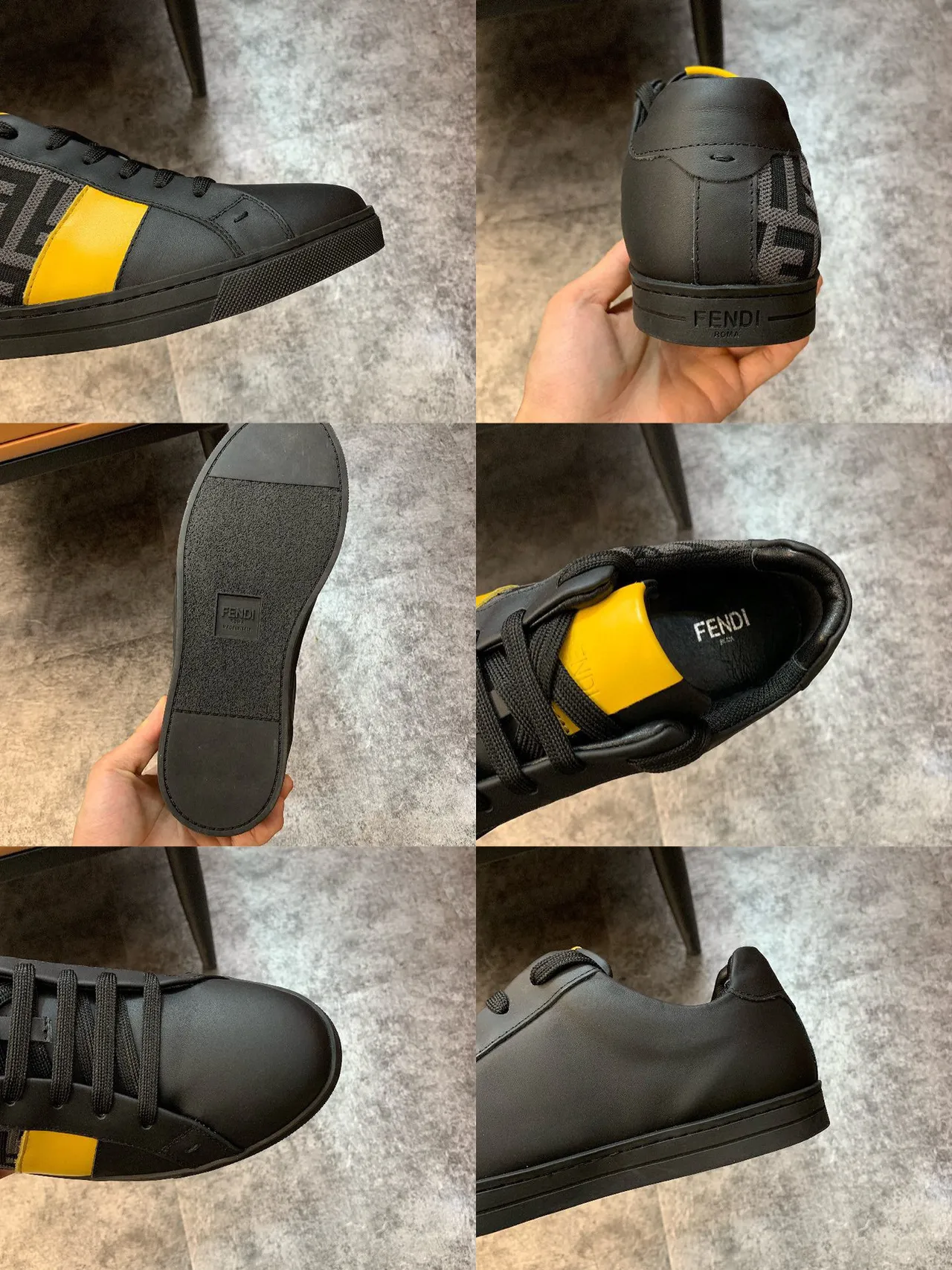 Fendi Sneakers Lifestyle en cuir noir jaune monogrammé, color-blocké avec rayure latérale 2