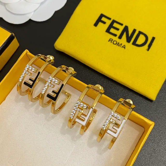 Fendi FF Hoop Gold Black Double-Band Hoops Interlocking Logo Earrings 6