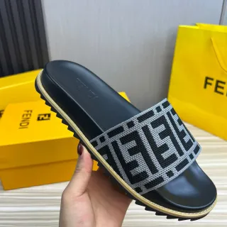 Fendi FF Logo Slide أسود رمادي حزام منسوج مونوغرام كعب مطاطوك مطبق نعال