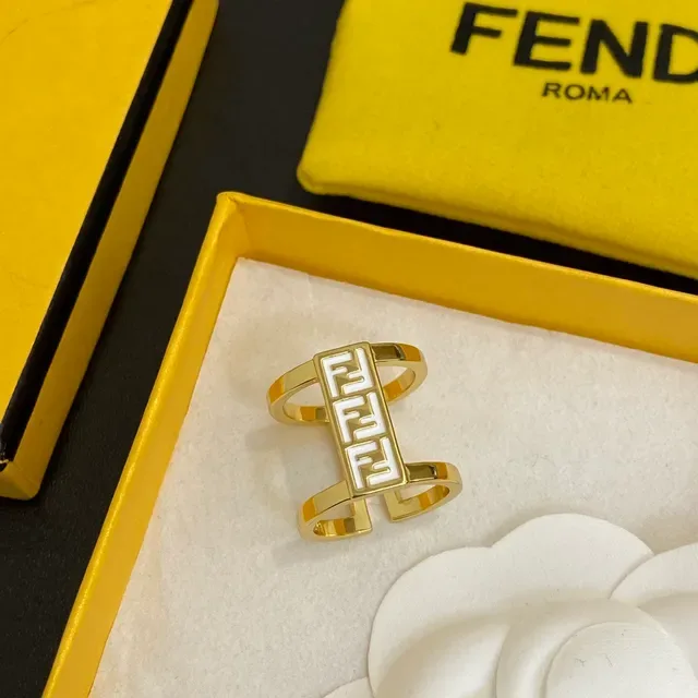 Fendi FF خاتم لون ذهبي أبيض وأسود مينا نطاق مزدوج 3