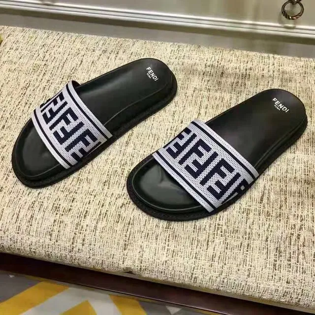 Fendi FF Slide Black and Navy Monogram Slippers 2