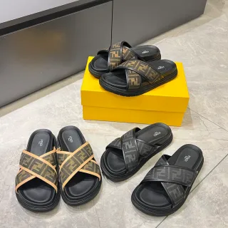 Fendi FF Slide 黑色米色 交叉带 平台底 拖鞋