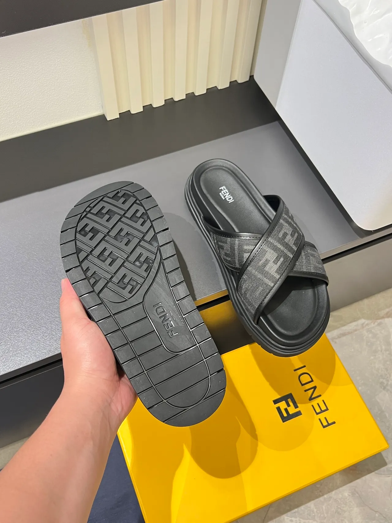 Fendi FF Slide Black Beige Cross-Strap Platform Sole Slippers 3