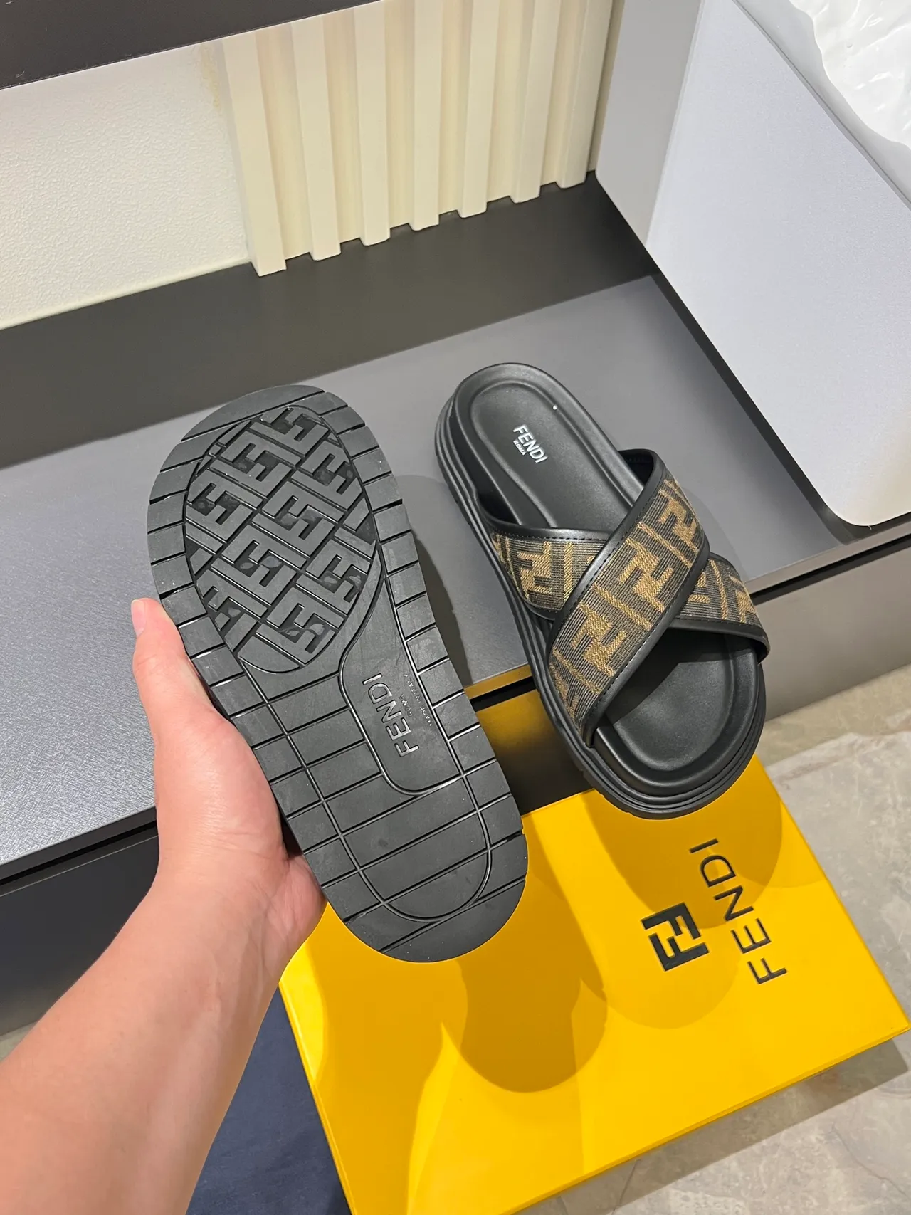 Fendi FF Slide Black Beige Cross-Strap Platform Sole Slippers 4