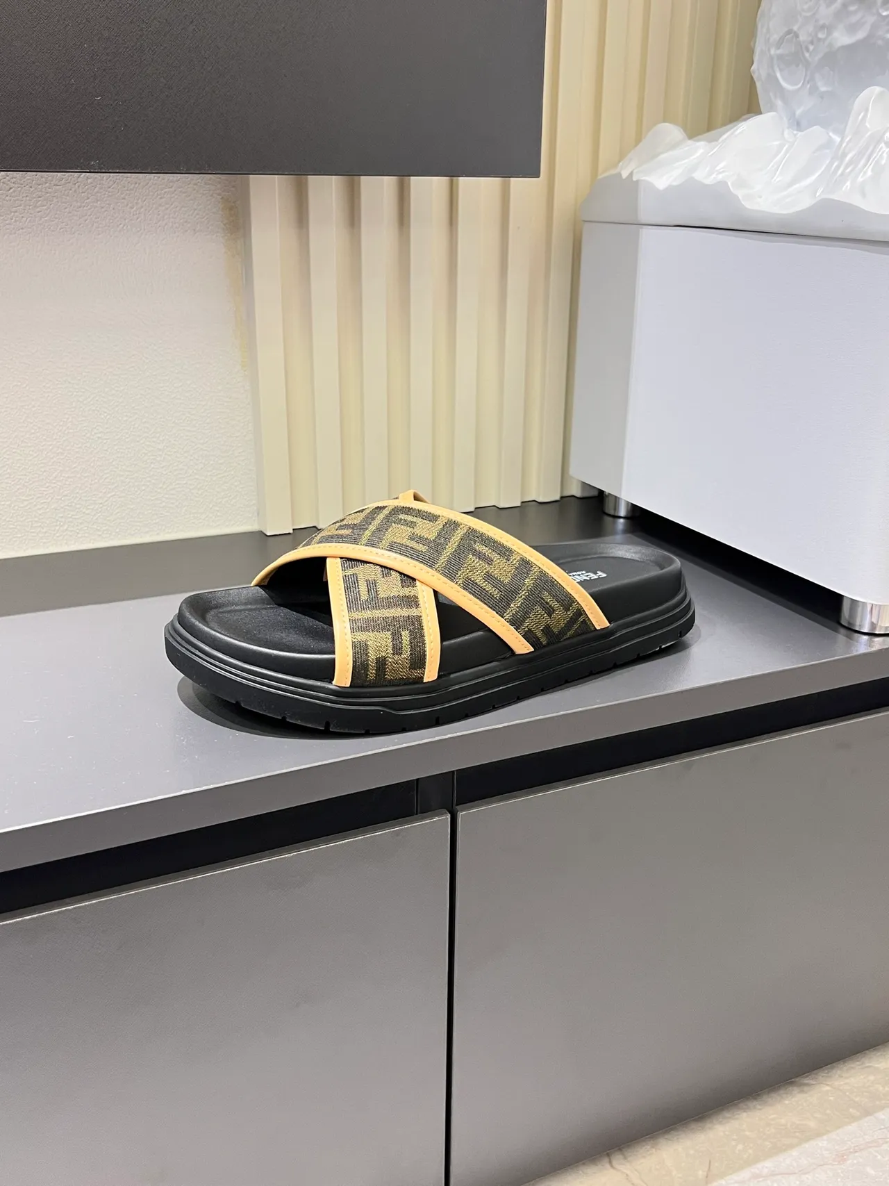 Fendi FF Slide Black Beige Cross-Strap Platform Sole Slippers 5