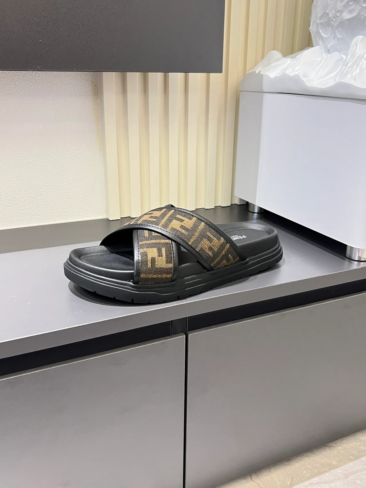 Fendi FF Slide Black Beige Cross-Strap Platform Sole Slippers 7