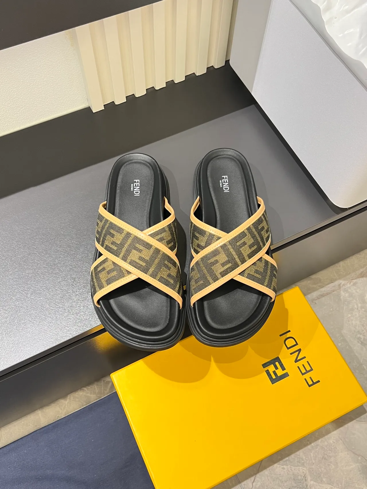 Fendi FF Slide Black Beige Cross-Strap Platform Sole Slippers 8
