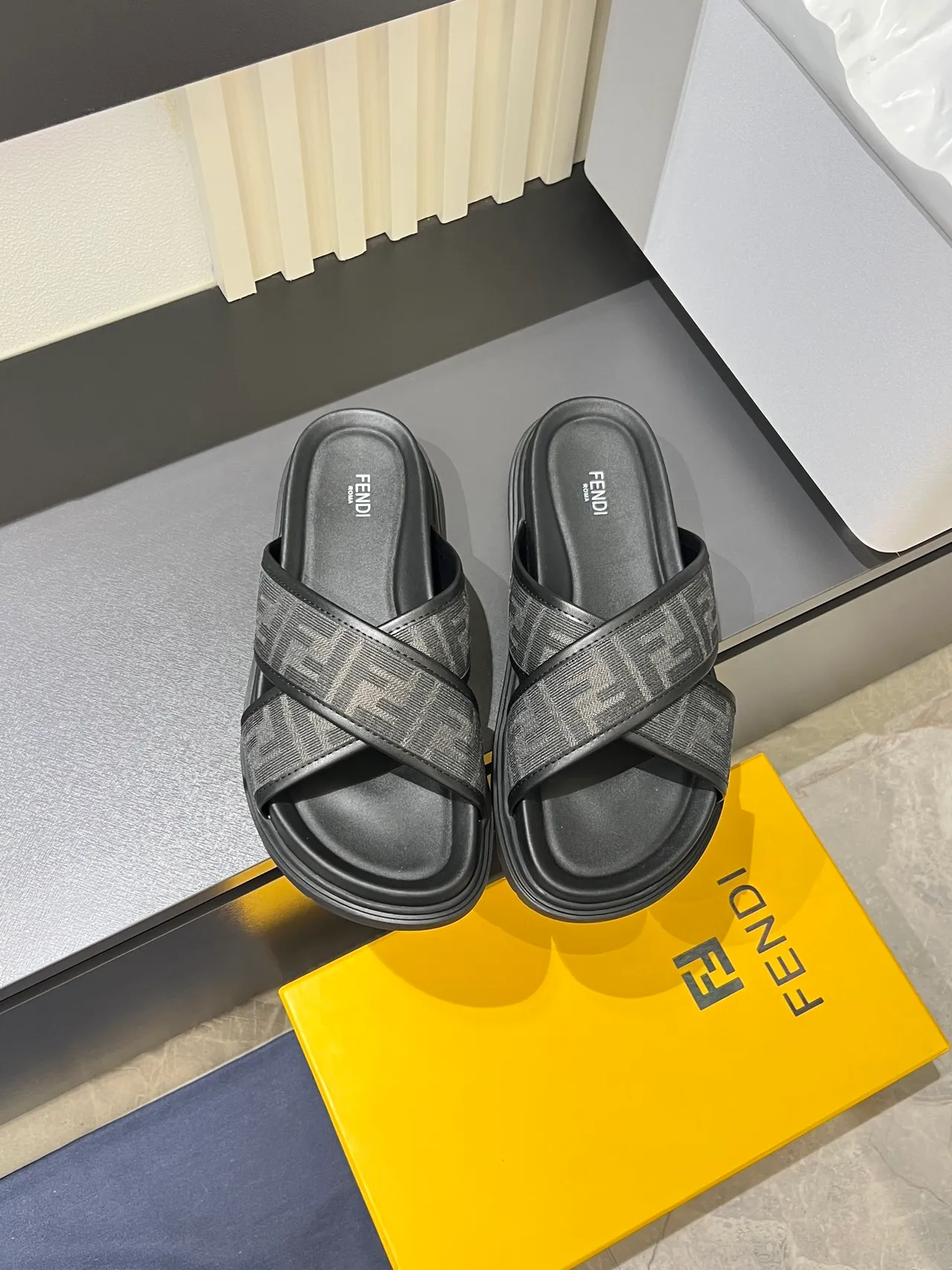 Fendi FF Slide Black Beige Cross-Strap Platform Sole Slippers 9