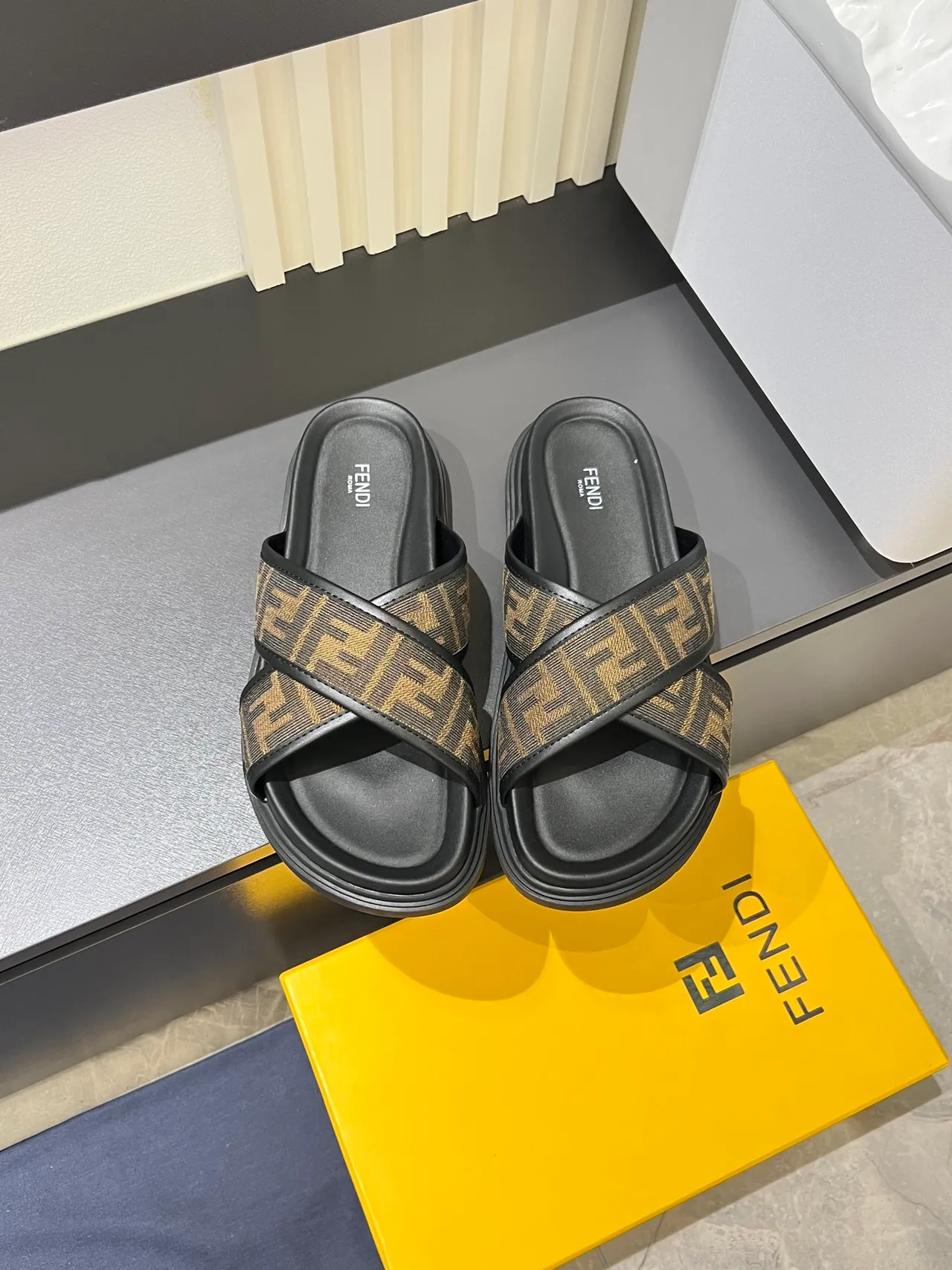 Fendi FF Slide Black Beige Cross-Strap Platform Sole Slippers 10