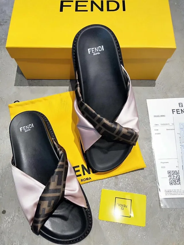 Fendi FF Webbing Slide Black Pink Crisscross Strap Satin Overlay Slippers 2