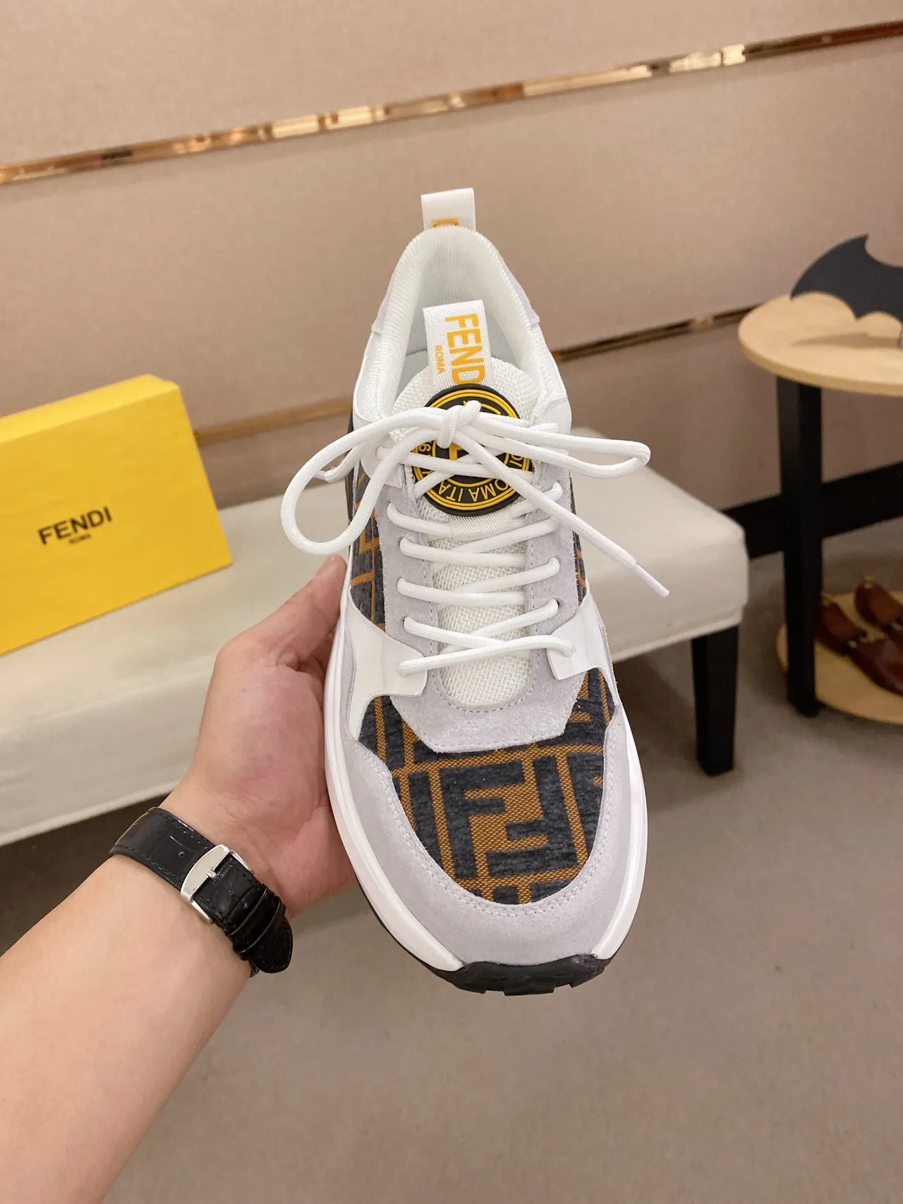 Fendi Gray White Sole FF Monogram Panel Chunky Sneakers 2