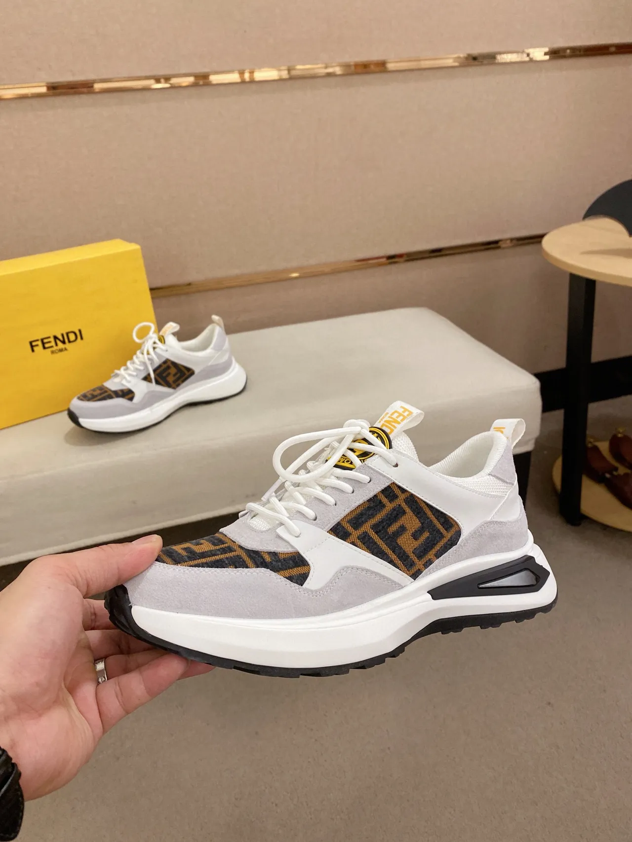 Fendi Gray White Sole FF Monogram Panel Chunky Sneakers 3