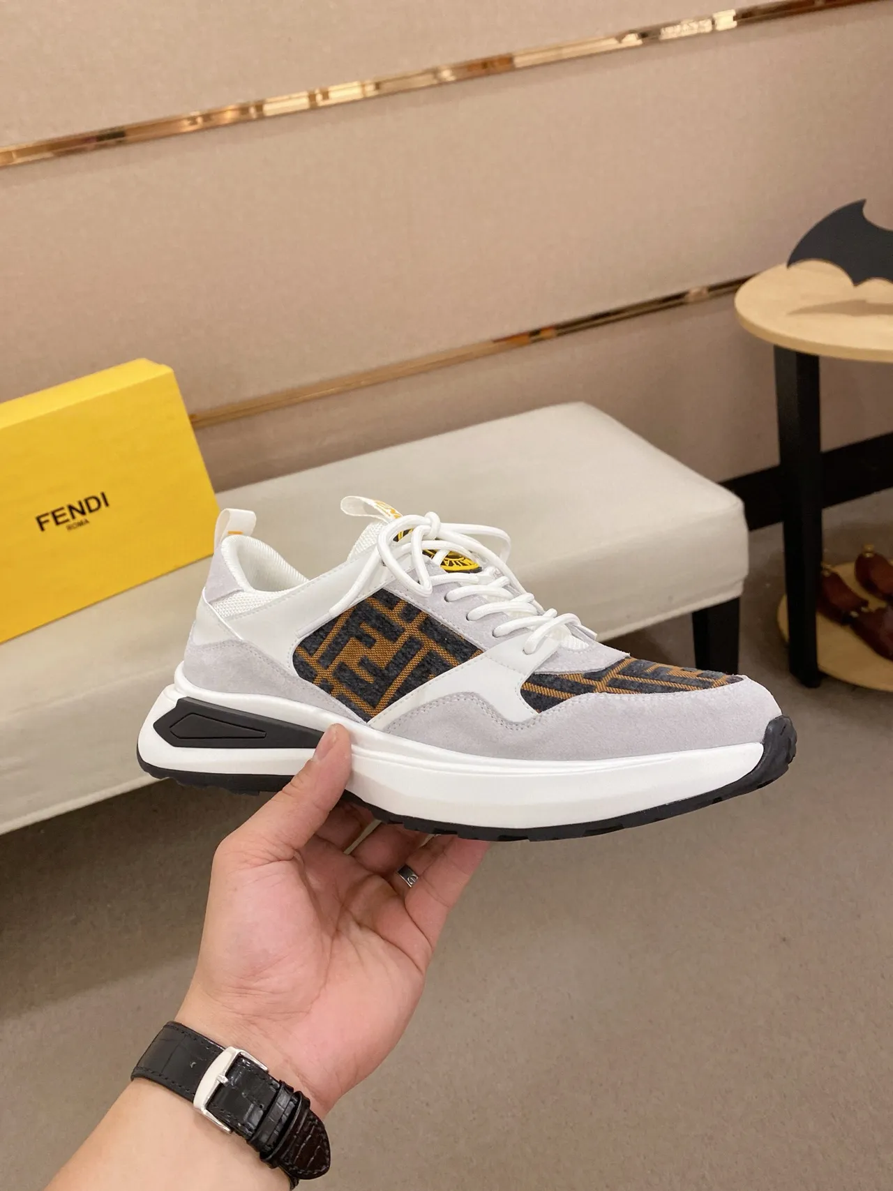 Fendi Gray White Sole FF Monogram Panel Chunky Sneakers 4
