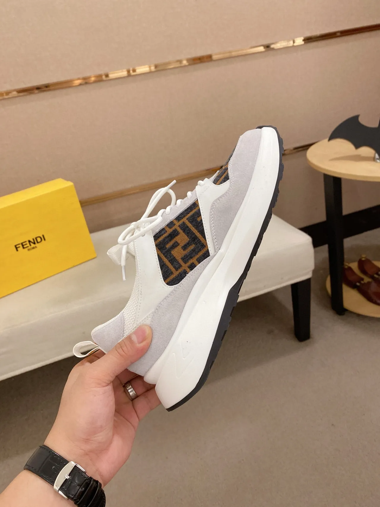 Fendi Gray White Sole FF Monogram Panel Chunky Sneakers 5