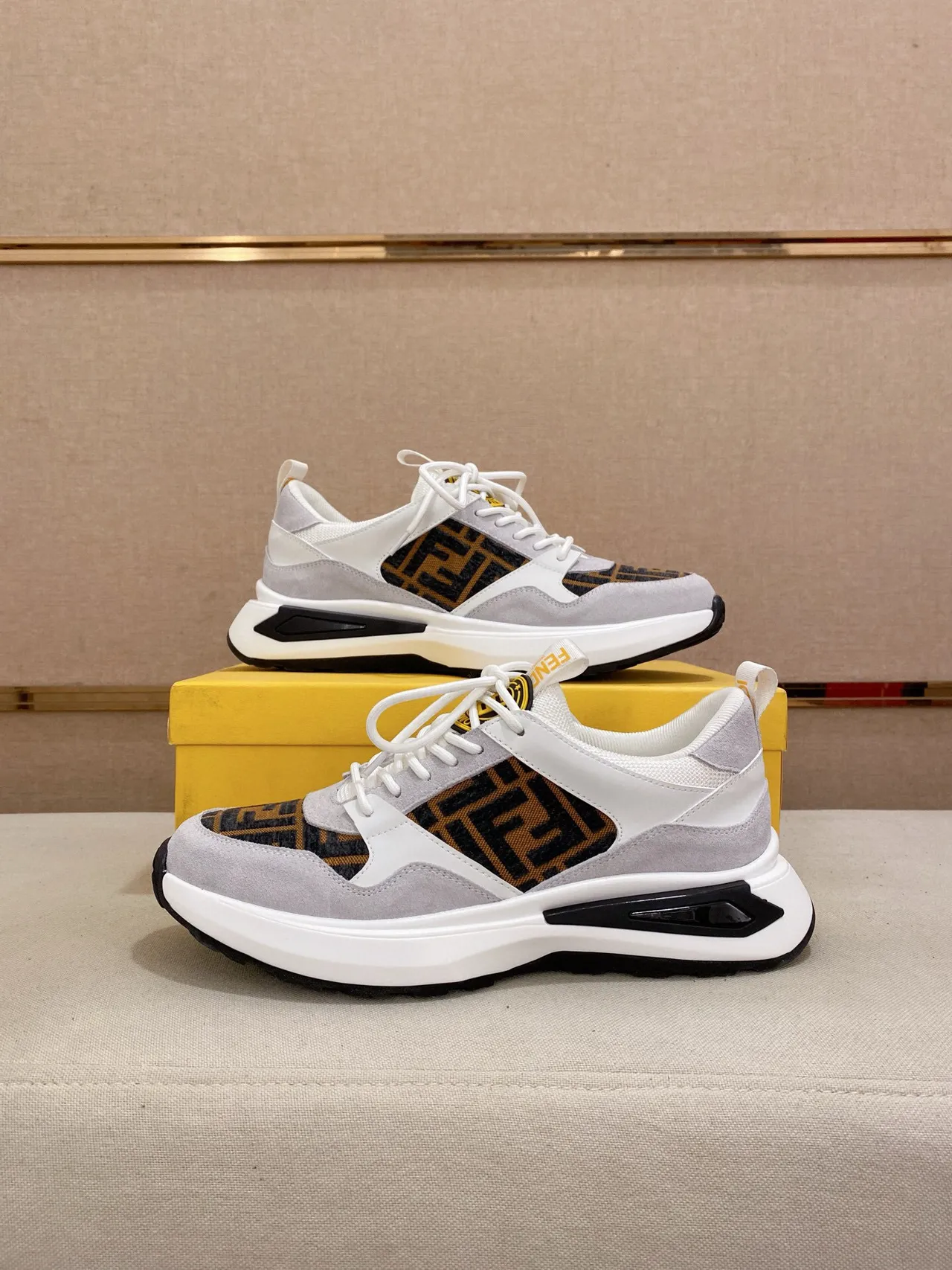 Fendi Gray White Sole FF Monogram Panel Chunky Sneakers 6
