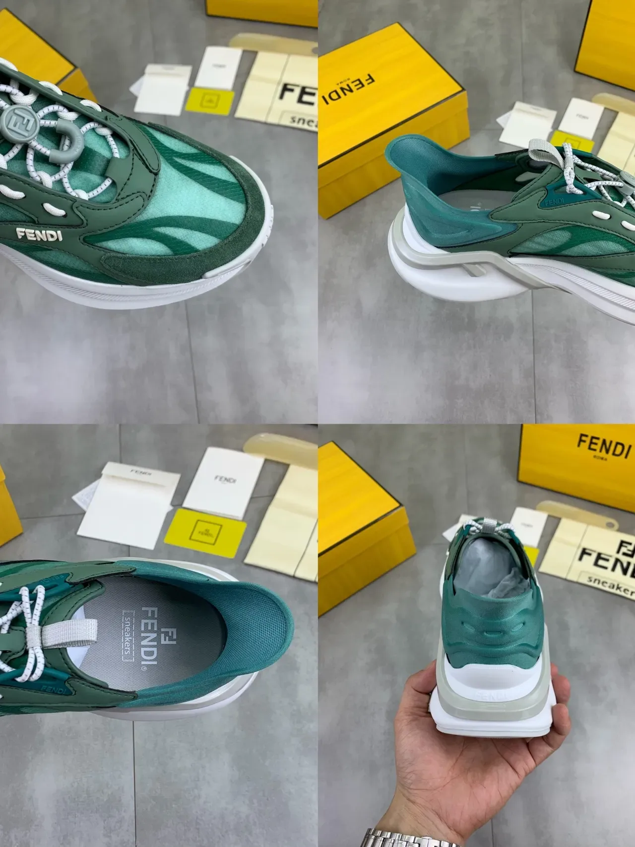 Fendi Run Away Verde e Branco Tênis Chunky Malla Camadas E Suede Superior Sola Plataforma Esculpida 3