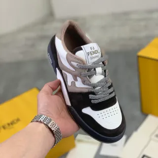 Fendi White Black Mixed-Material Upper Perforated Toe Cap Sneakers