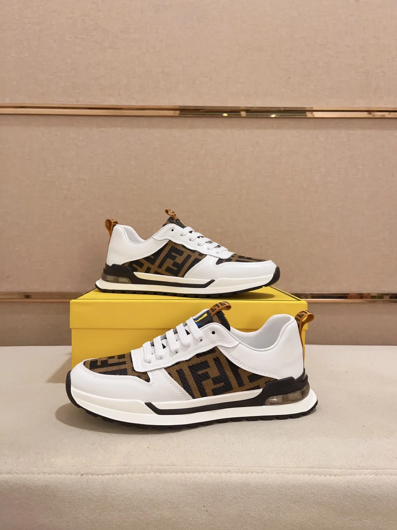 Fendi White Brown Monogram-Print Upper Leather Base Lifestyle Sneakers 4