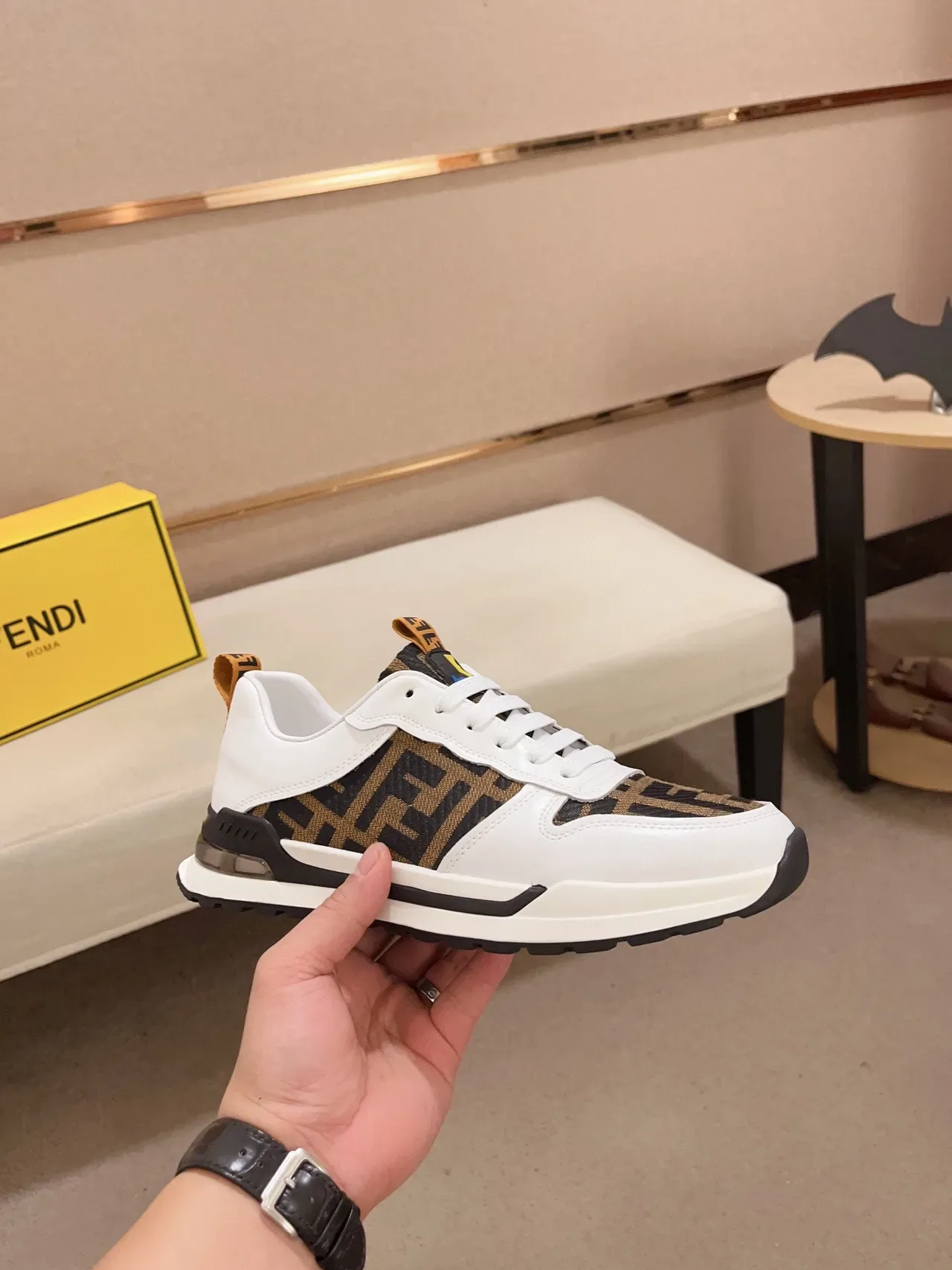 Fendi White Brown Monogram-Print Upper Leather Base Lifestyle Sneakers 7