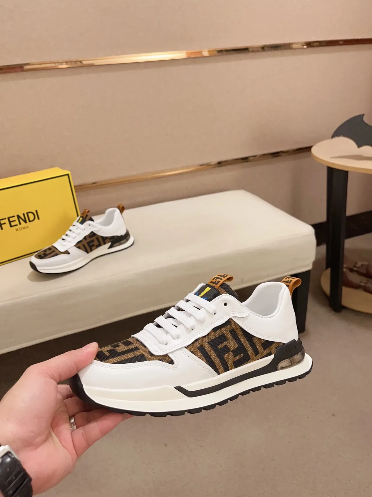Fendi White Brown Monogram-Print Upper Leather Base Lifestyle Sneakers 8