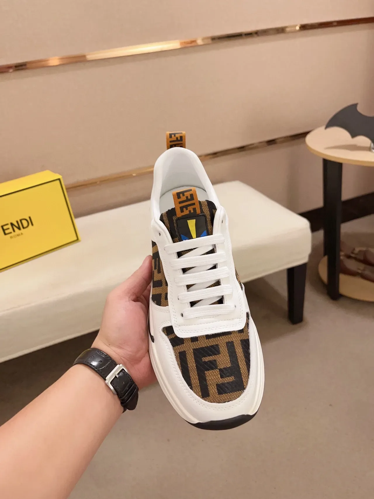Fendi White Brown Monogram-Print Upper Leather Base Lifestyle Sneakers 9