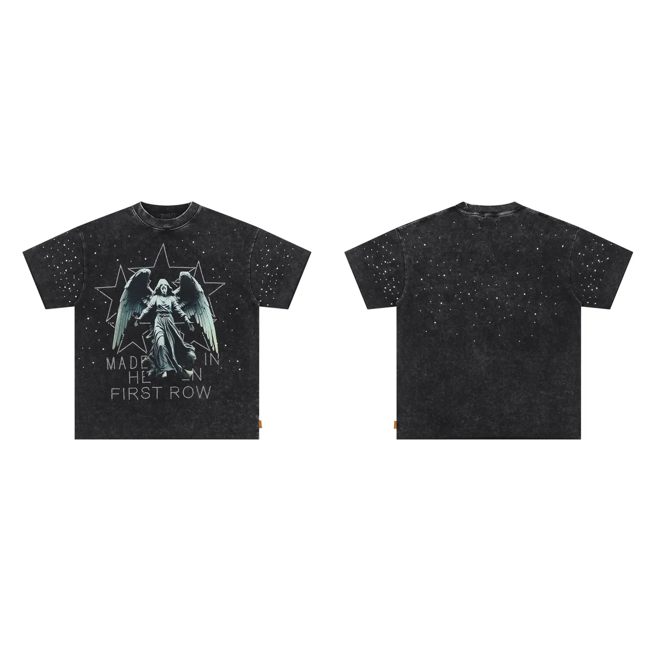 Acid-Wash Black Graphic-Print Angel Motif T-Shirt 2
