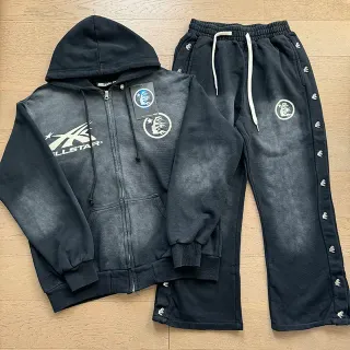 Allstar Acid-Wash Black Zip-Up Hoodie and Sweatpants Tracksuit