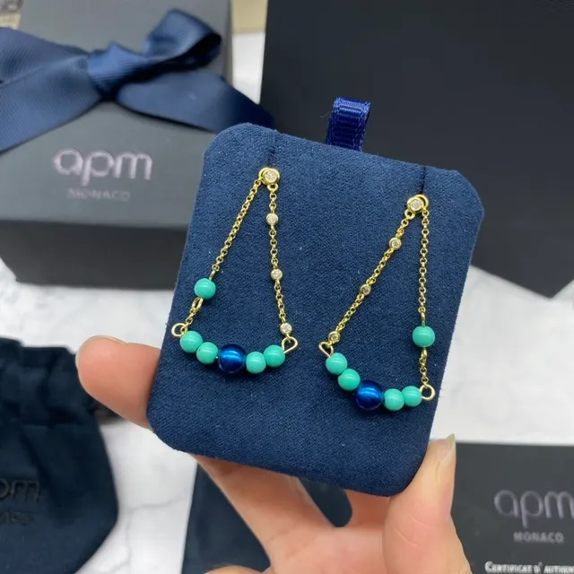 APM Monaco Blue Gold Chain Drop Beaded Dangle Earrings 4