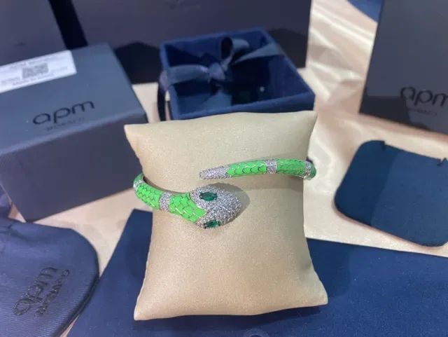 APM Monaco Snake-Head Green Enamel and Crystal Hinged Bangle Bracelet 4