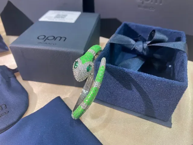 APM Monaco Snake-Head Green Enamel and Crystal Hinged Bangle Bracelet 8