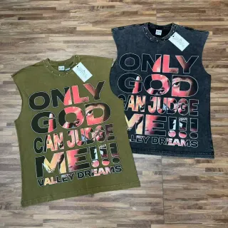 Army Green Black Sleeveless Graphic-Print Vest Top
