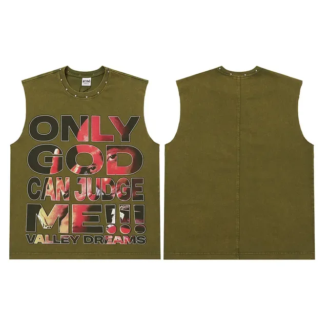 Army Green Black बिना आस्तीन का ग्राफिक-प्रिंट वेस्ट टॉप 6