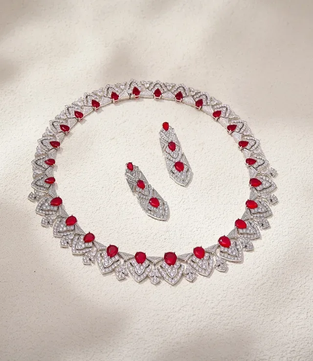 Art Deco-Inspired Red Cabochon and Pavé Drop Earrings 2