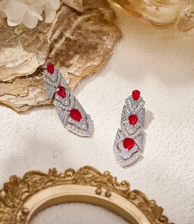 Art Deco-Inspired Red Cabochon and Pavé Drop Earrings 5