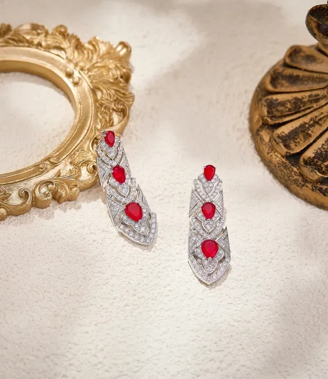 Art Deco-Inspired Red Cabochon and Pavé Drop Earrings 7