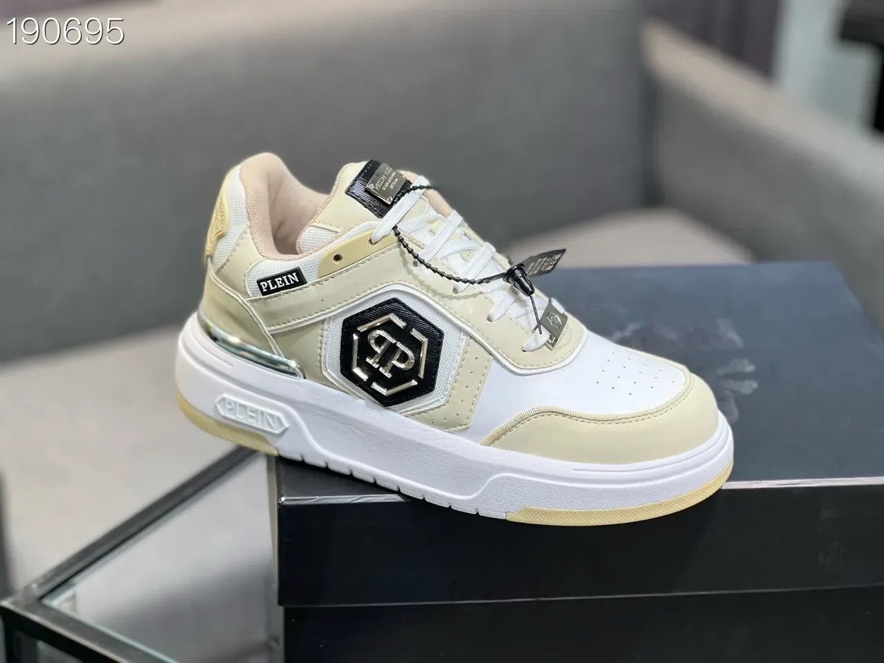 Beige White Platform Sole Mixed-Material Upper Sneakers 4