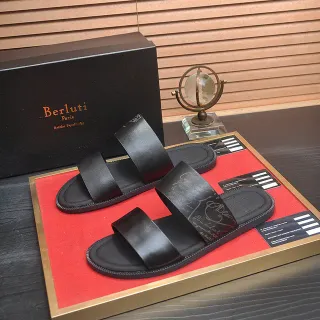 Berluti Black Leather Dual-Strap Slipper Slippers