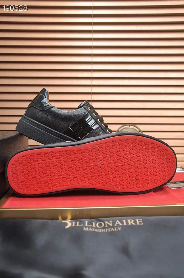 Billionaire Black Pebbled Leather Croc-Panel Lifestyle Sneakers 2