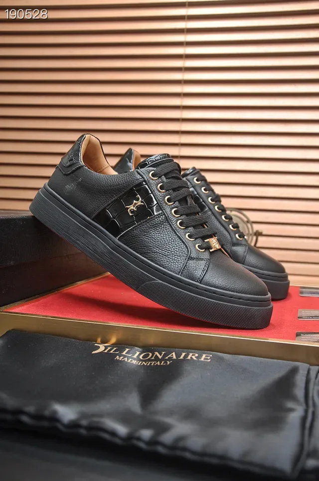 Billionaire Black Pebbled Leather Croc-Panel Lifestyle Sneakers 3