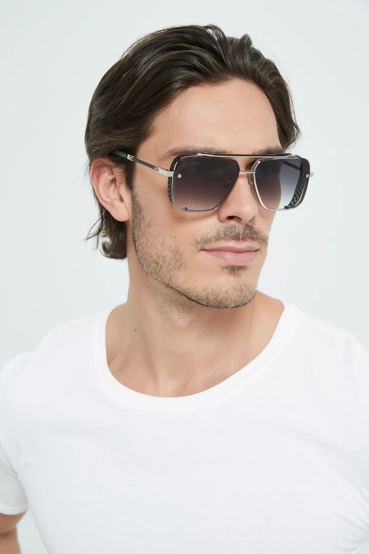 Black and Silver Aviator-Inspired Rectangular Sunglasses 8