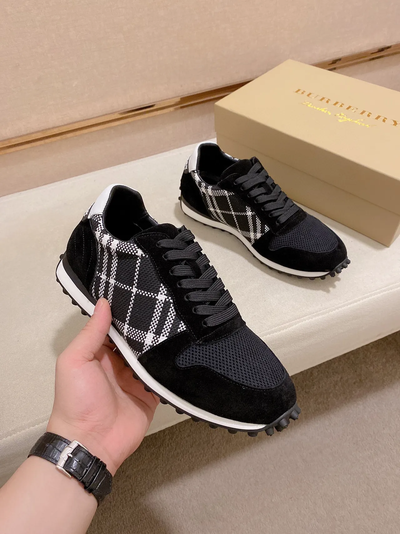 Black and White Plaid Panel Retro Runner Sneaker 4