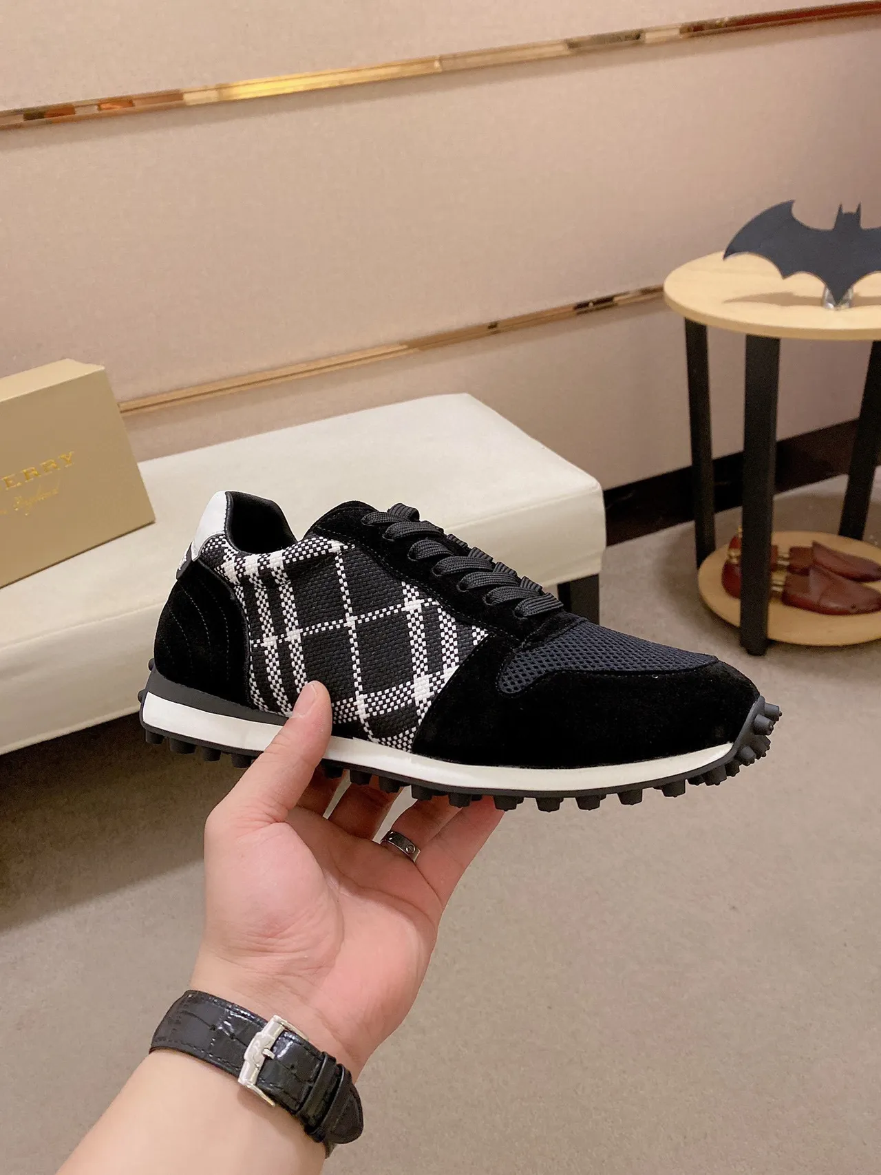 Black and White Plaid Panel Retro Runner Sneaker 6