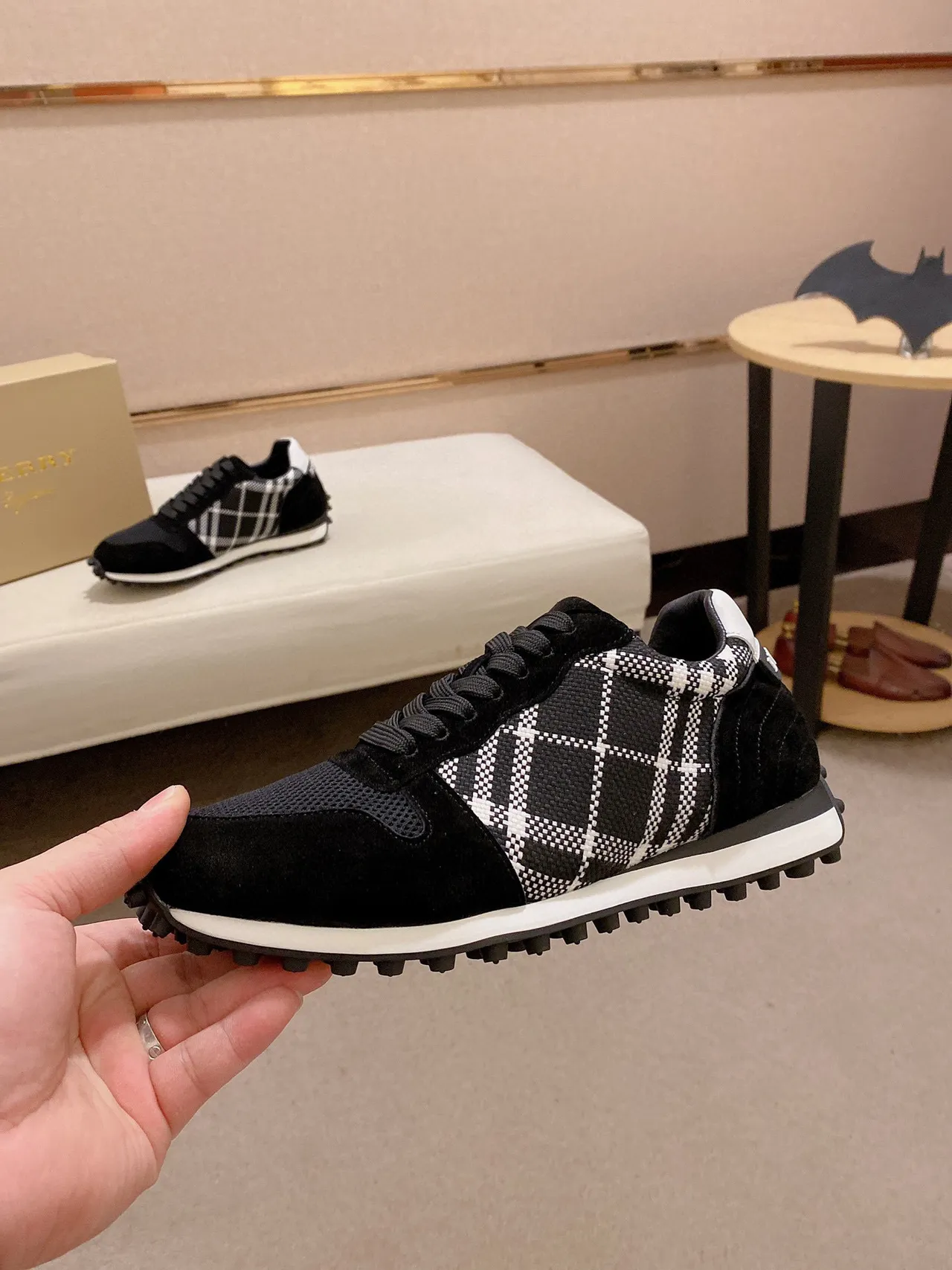 Black and White Plaid Panel Retro Runner Sneaker 7