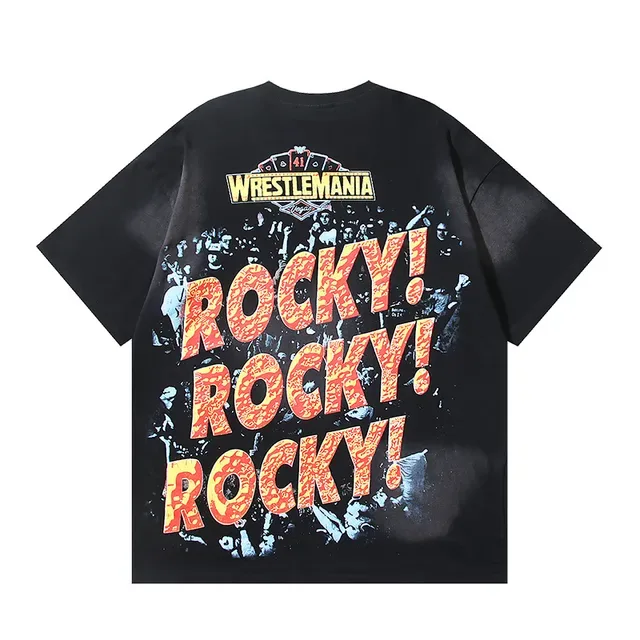 T-shirt noir WWE WrestleMania Bull et Rocky à impression graphique recto-verso 3