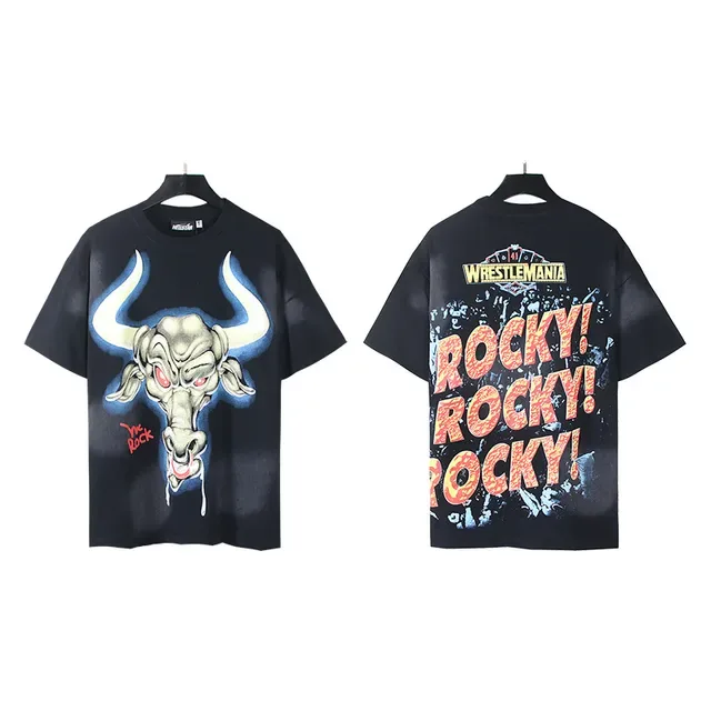 T-shirt noir WWE WrestleMania Bull et Rocky à impression graphique recto-verso 4