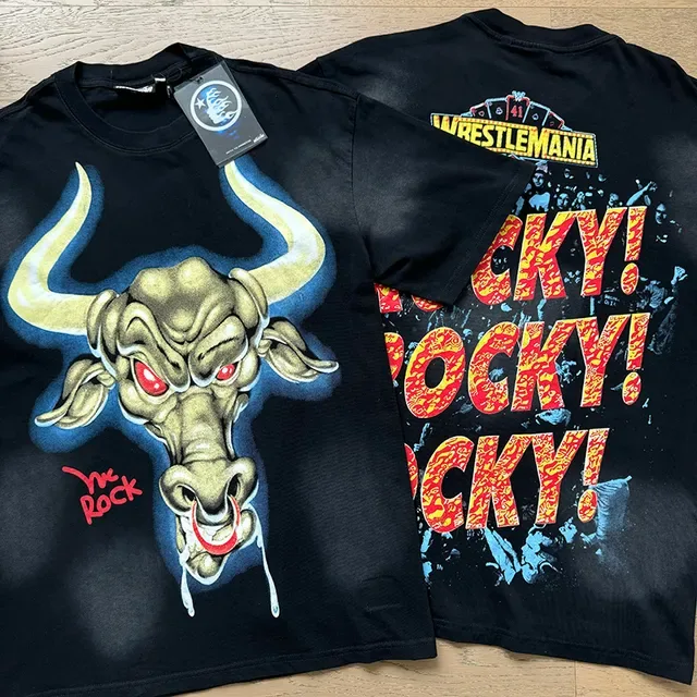 T-shirt noir WWE WrestleMania Bull et Rocky à impression graphique recto-verso 7