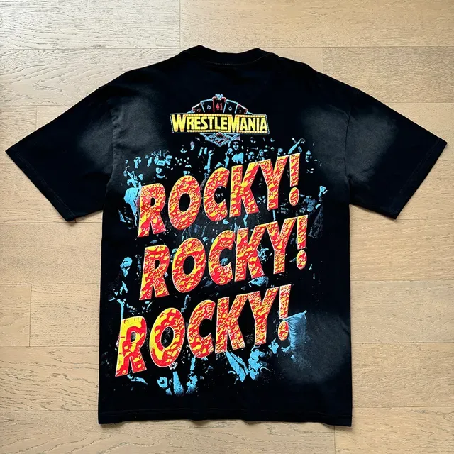 T-shirt noir WWE WrestleMania Bull et Rocky à impression graphique recto-verso 10