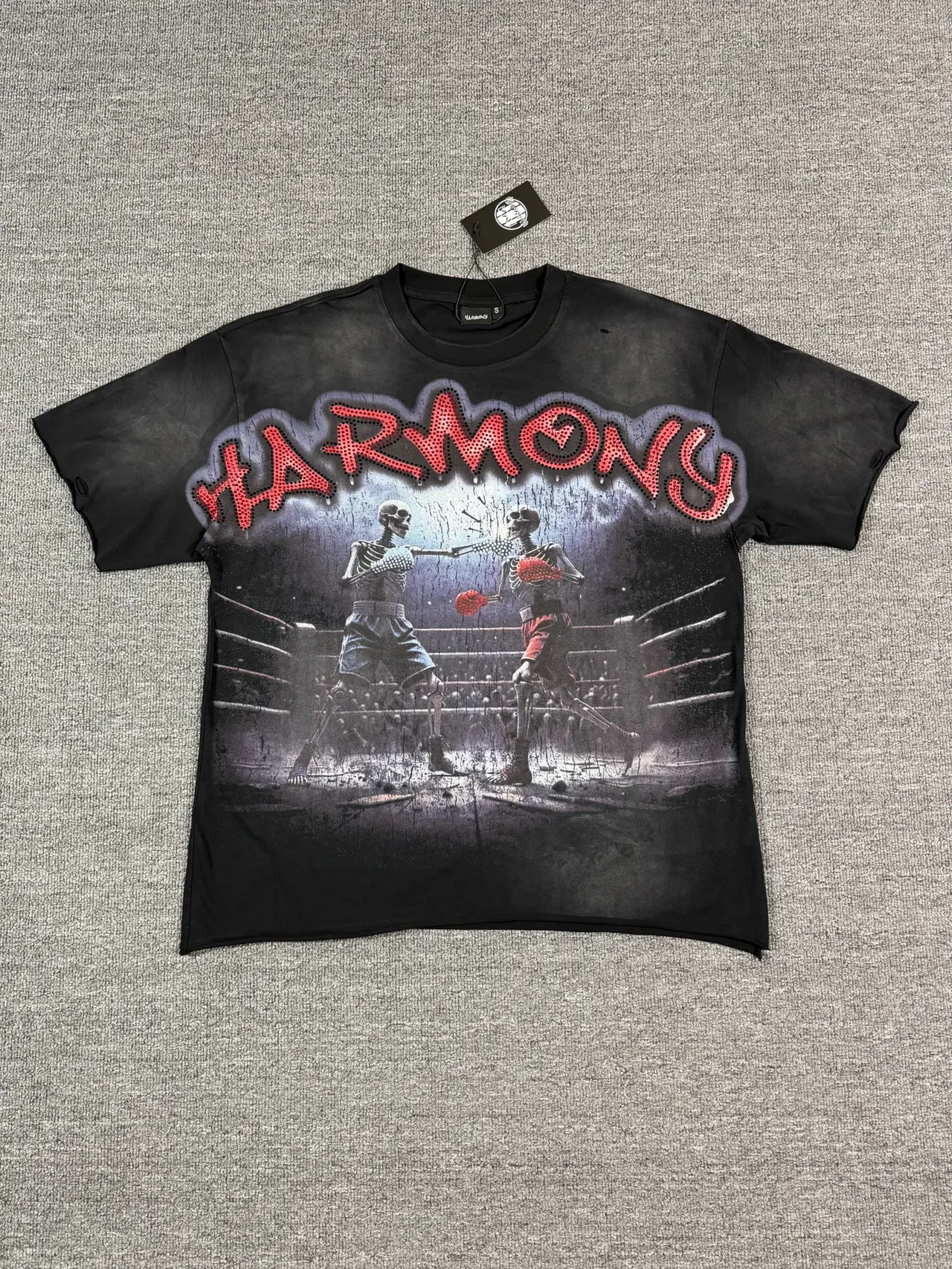 Black Graphic-Print Distressed Skeleton Boxing Motif T-Shirt 6